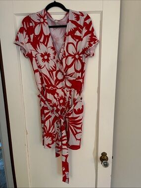 Boden Red & White Floral Short Sleeve Wrap Romper